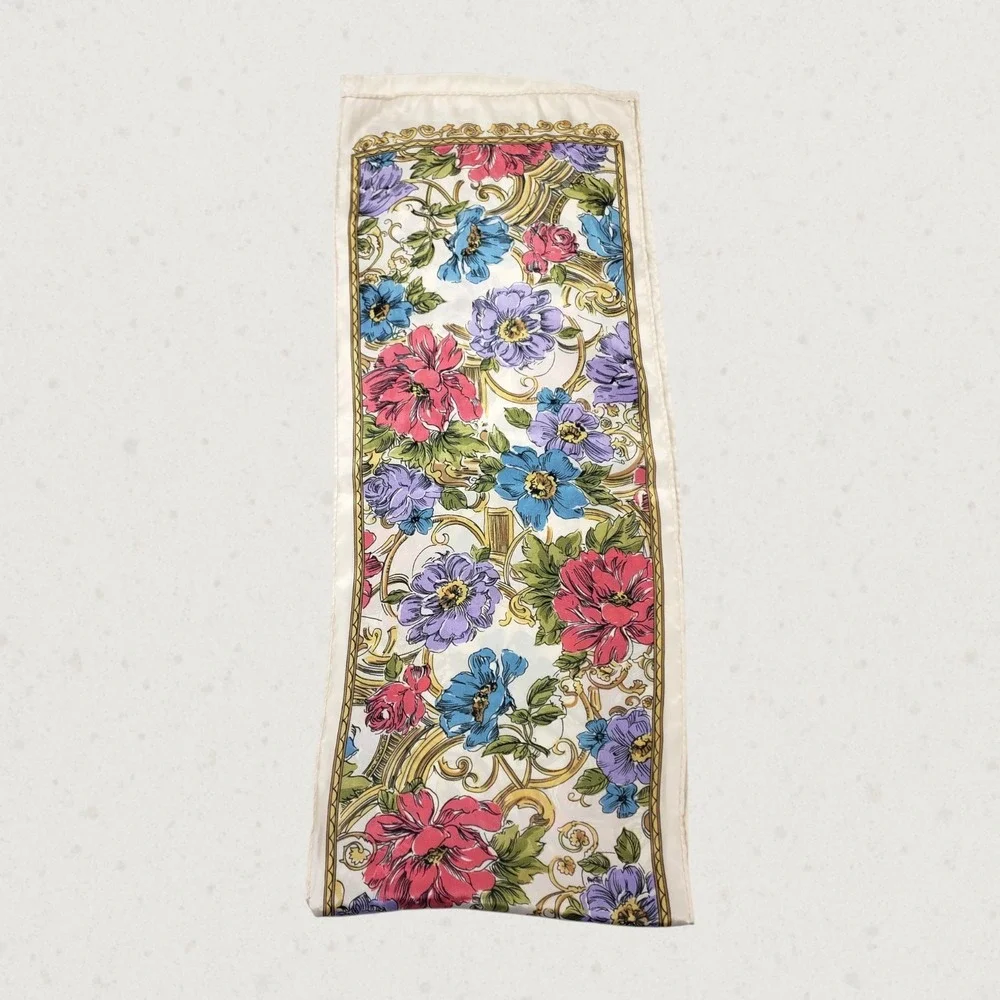 Vintage Style Floral Baroque Oblong Scarf Cream Pink Blue Gold Silk Feel Long